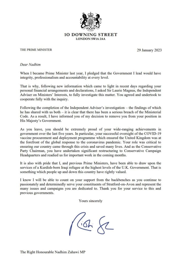 Rishi Sunak has sacked Nadhim Zahawi for serious breaches of the ministerial code after an investigation found he failed to be honest and open about his tax affairs.